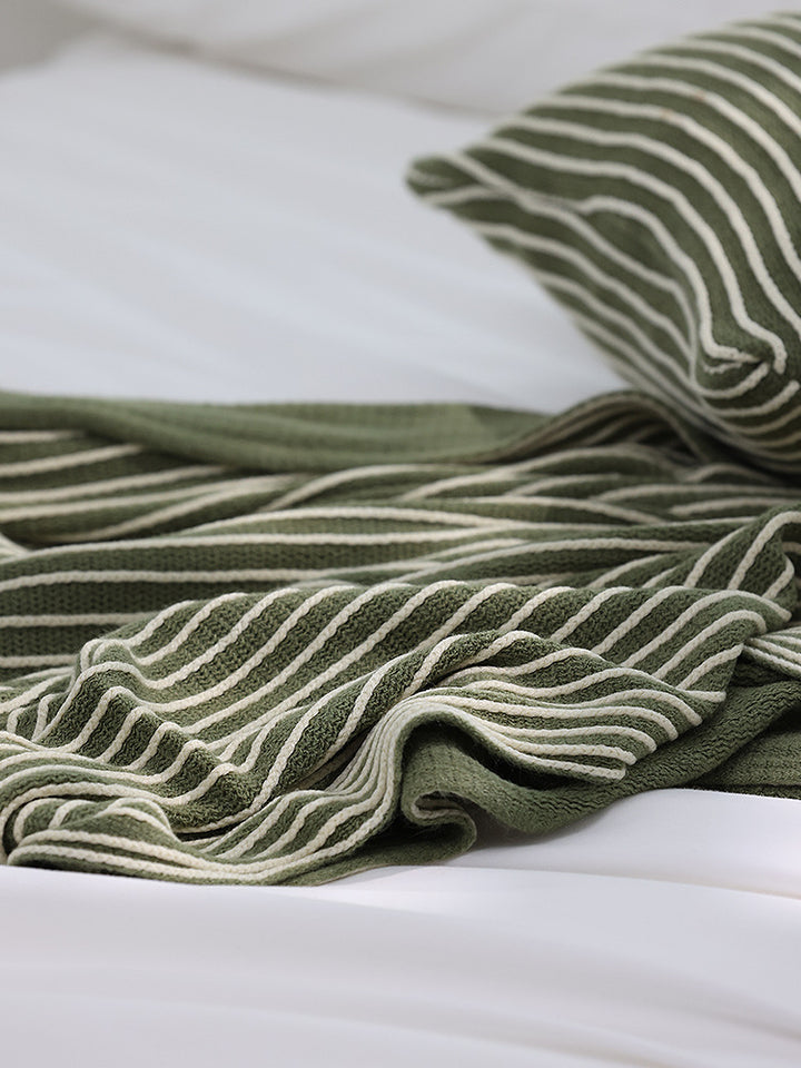 Green Knit Throw Blanket with Fringe - Striped Bed End Cover 127x220cm