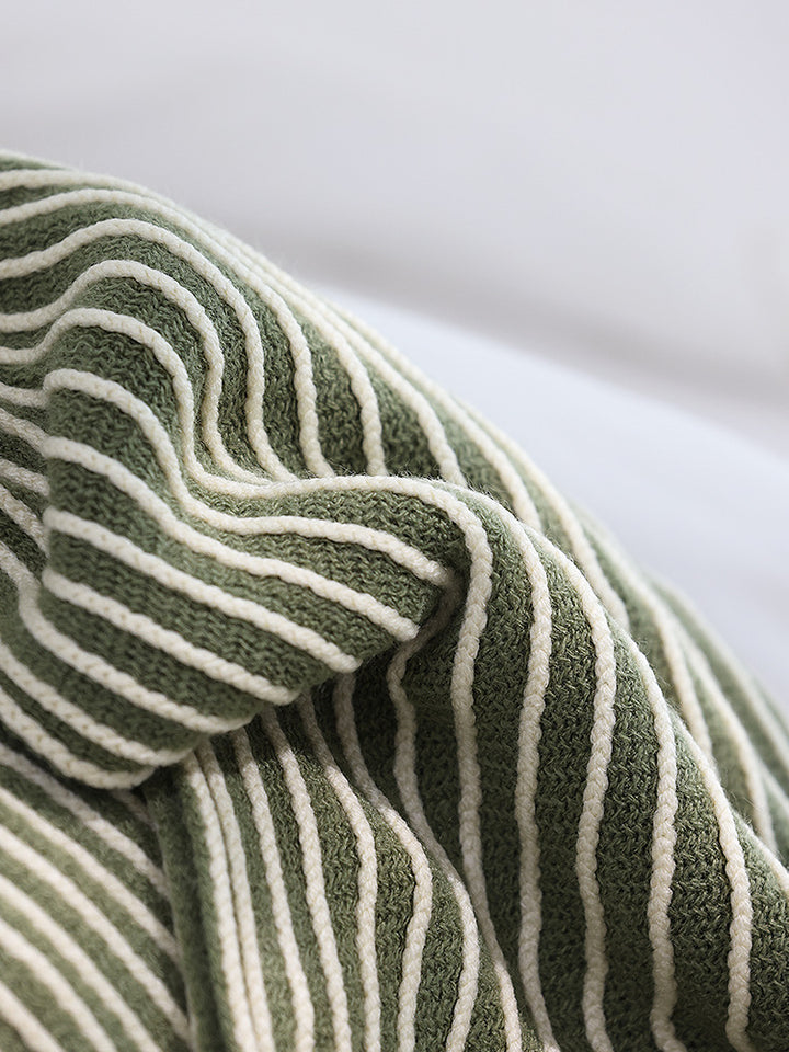 Green Knit Throw Blanket with Fringe - Striped Bed End Cover 127x220cm