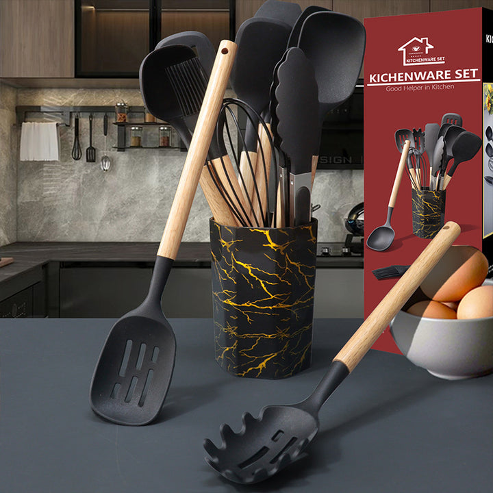 Black 12-Piece Silicone Cooking Utensil Set - Non-Stick Kitchen Tools with Holder