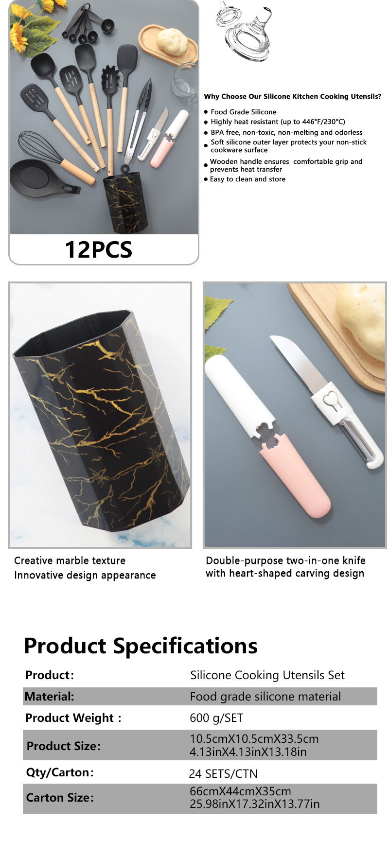 White 12-Piece Silicone Cooking Utensil Set - Non-Stick Kitchen Tools with Holder