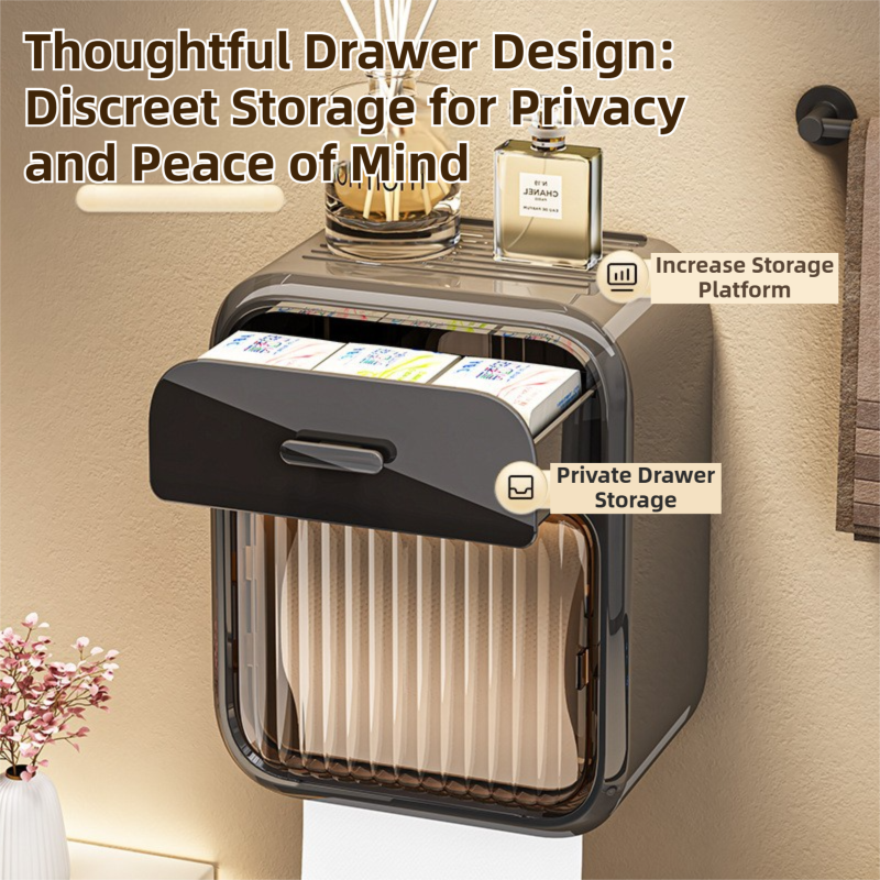 Wall Mounted Toilet Paper Holder Latte - No-Drill Storage Shelf & Drawer