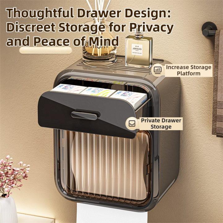 Black No-Drill Wall Mounted Toilet Paper Holder with Storage Shelf and Drawer - Waterproof Bathroom Tissue Dispenser for Roll & Face Tissue