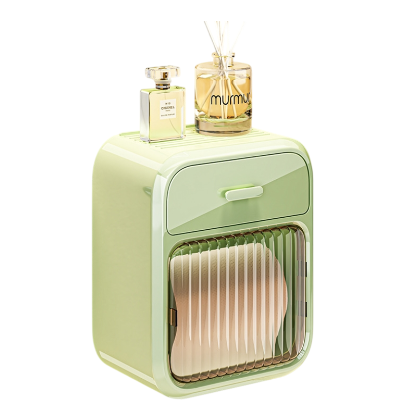 Wall Mounted Toilet Paper Holder Mint Green - No-Drill Storage Shelf & Drawer