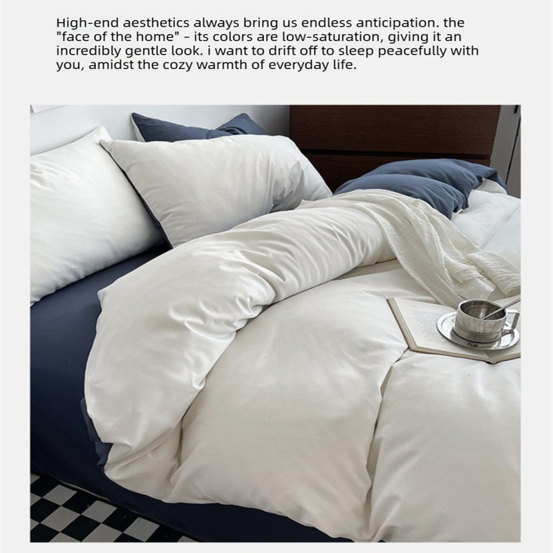 Dark gray and light gray Washed Cotton Bedding Set - Solid Color Fitted Sheet Style, 4-Piece Set for 1.5m Bed, Includes 10 Random Color Quilt Fasteners