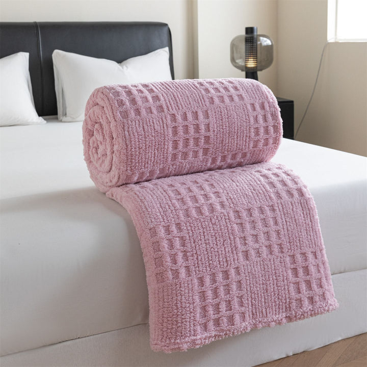 Pink 180*200cm Thickened Double-Sided Plush Waffle Weave Throw Blanket - Anti-Static Taffeta Velvet & Flannel Fleece - Warm, Soft, Non-Shedding Blanket for Winter, Sofa, Bed & Office