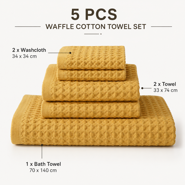 5 Piece Waffle Weave 100% Cotton Towel Set - Quick Dry Absorbent Bath Towel, 2 x Towels and 2 x Face Towels with Hanging Hook for Home and Guest Use
