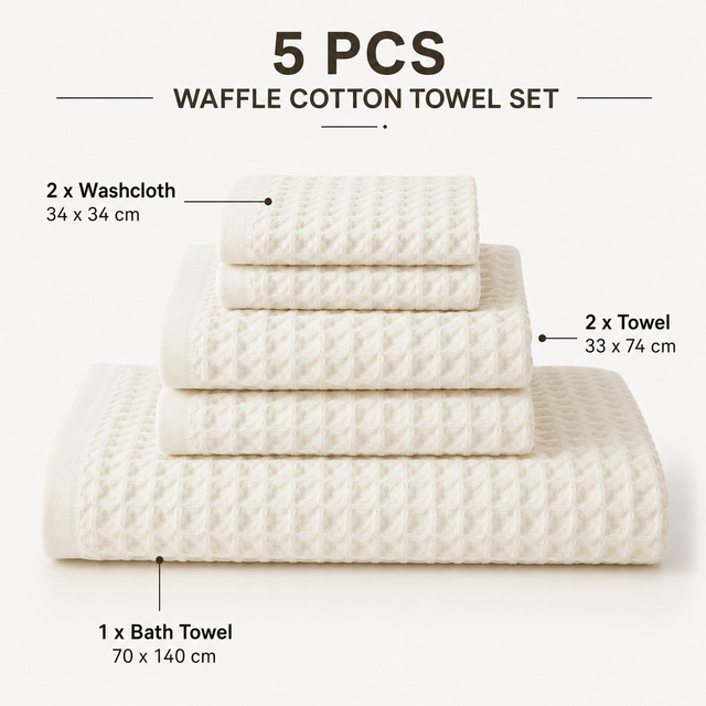 5 Piece Waffle Weave 100% Cotton Towel Set - Quick Dry Absorbent Bath Towel, 2 x Towels and 2 x Face Towels with Hanging Hook for Home and Guest Use