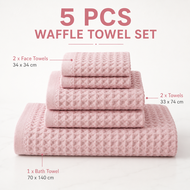 5 Piece Waffle Weave 100% Cotton Towel Set - Quick Dry Absorbent Bath Towel, 2 x Towels and 2 x Face Towels with Hanging Hook for Home and Guest Use