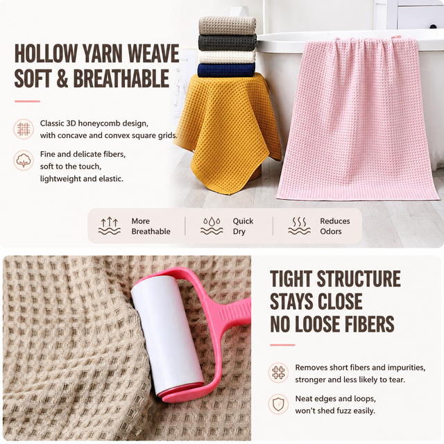 5 Piece Pink Waffle Weave 100% Cotton Towel Set - Quick Dry Absorbent Bath Towel, 2 x Towels and 2 x Face Towels with Hanging Hook for Home and Guest Use