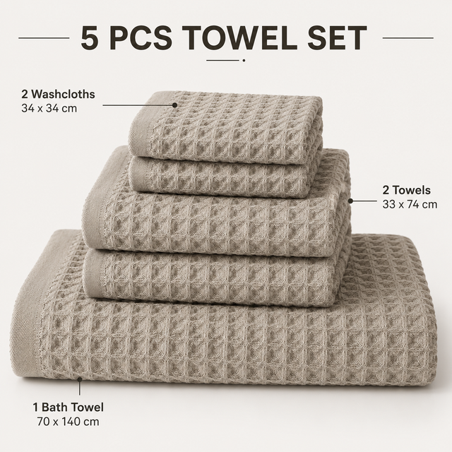 5 Piece Waffle Weave 100% Cotton Towel Set - Quick Dry Absorbent Bath Towel, 2 x Towels and 2 x Face Towels with Hanging Hook for Home and Guest Use