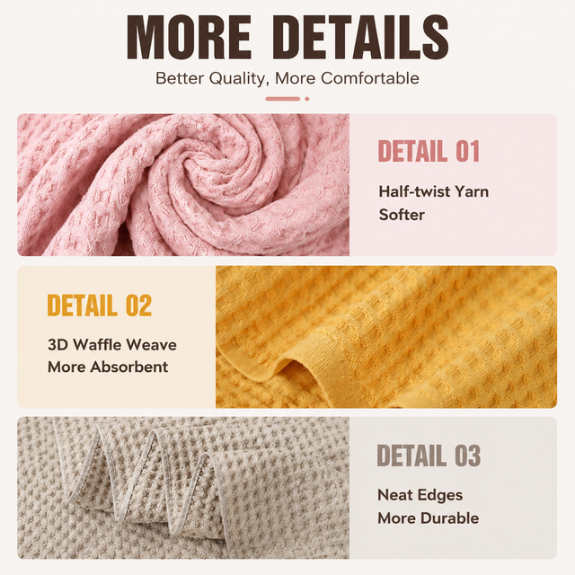 5 Piece Grey Waffle Weave 100% Cotton Towel Set - Quick Dry Absorbent Bath Towel, 2 x Towels and 2 x Face Towels with Hanging Hook for Home and Guest Use