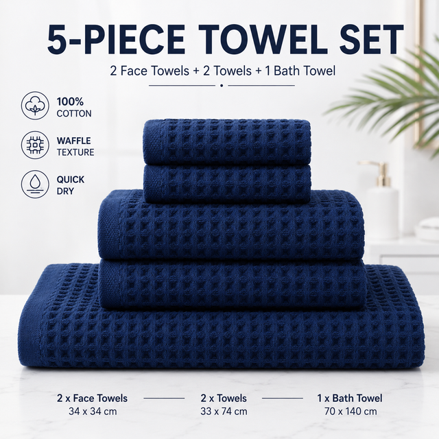 5 Piece Waffle Weave 100% Cotton Towel Set - Quick Dry Absorbent Bath Towel, 2 x Towels and 2 x Face Towels with Hanging Hook for Home and Guest Use