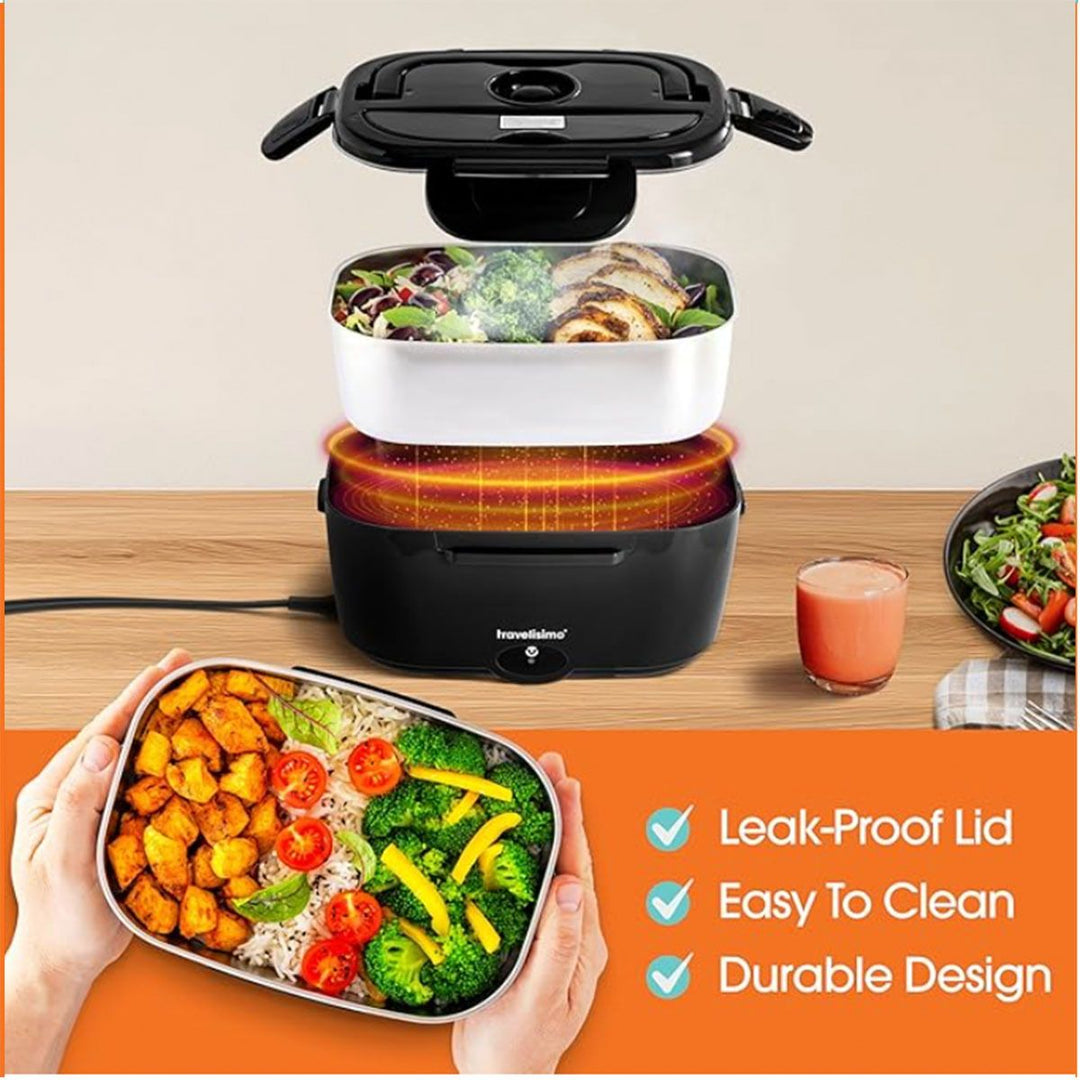 Green Electric Lunch Box 1.5L - Portable Food Heater with 12V Car and 240V Home Plug, Stainless Steel Container and Leak Proof Lid - Heated Lunchbox for Office, Truck Drivers, Camping and Travel
