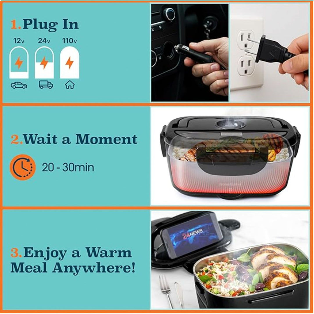 Green Electric Lunch Box 1.5L - Portable Food Heater with 12V Car and 240V Home Plug, Stainless Steel Container and Leak Proof Lid - Heated Lunchbox for Office, Truck Drivers, Camping and Travel