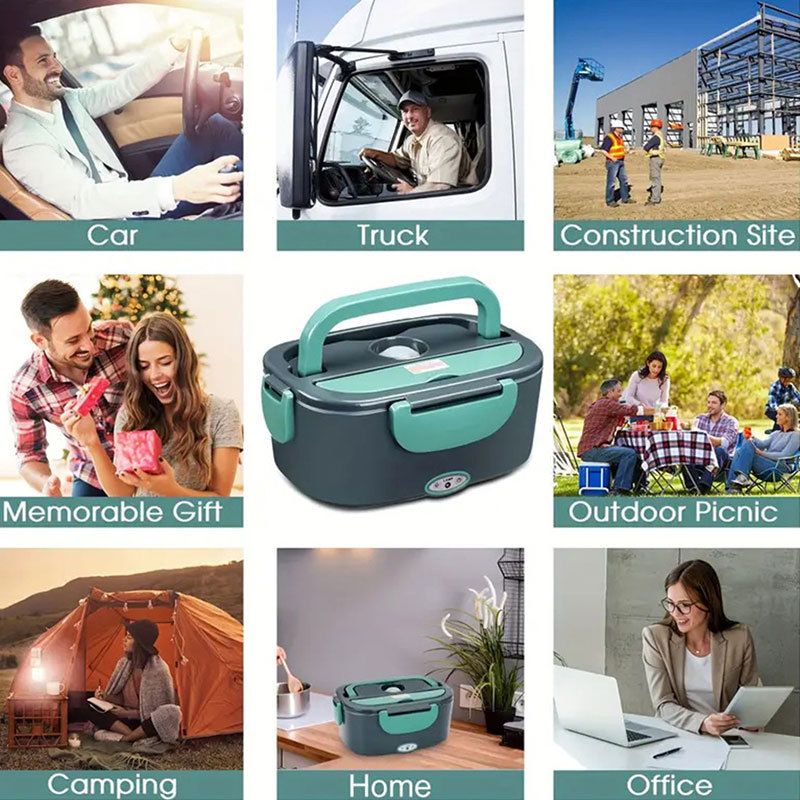 Green Electric Lunch Box 1.5L - Portable Food Heater with 12V Car and 240V Home Plug, Stainless Steel Container and Leak Proof Lid - Heated Lunchbox for Office, Truck Drivers, Camping and Travel