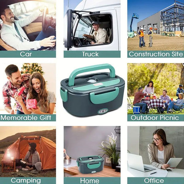 Green Electric Lunch Box 1.5L - Portable Food Heater with 12V Car and 240V Home Plug, Stainless Steel Container and Leak Proof Lid - Heated Lunchbox for Office, Truck Drivers, Camping and Travel