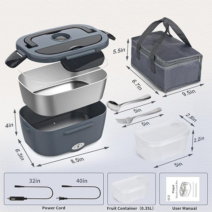 Grey Electric Lunch Box 1.5L - Portable Food Heater with 12V Car and 240V Home Plug, Stainless Steel Container and Leak Proof Lid - Heated Lunchbox for Office, Truck Drivers, Camping and Travel