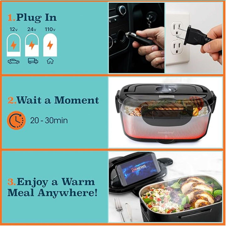 Blue Electric Lunch Box 1.5L - Portable Food Heater with 12V Car and 240V Home Plug, Stainless Steel Container and Leak Proof Lid - Heated Lunchbox for Office, Truck Drivers, Camping and Travel