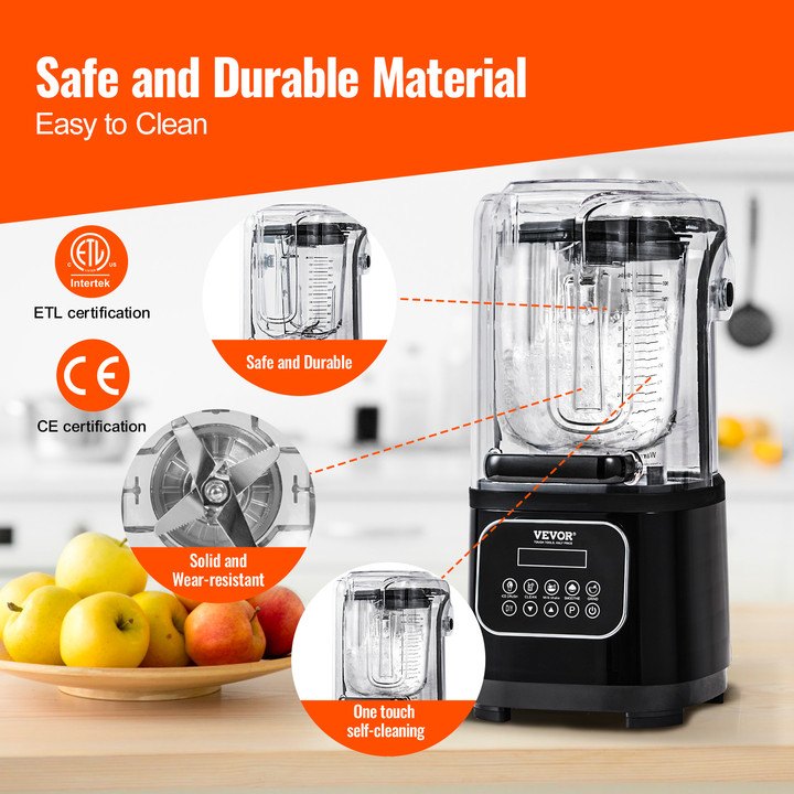Professional Blender with Shield, Commercial Countertop Blenders, 2L Jar Blender Combo, Stainless Steel 9 Speed & 5 Functions Blender, for Shakes, Smoothies, Peree, and Crush Ice, Black