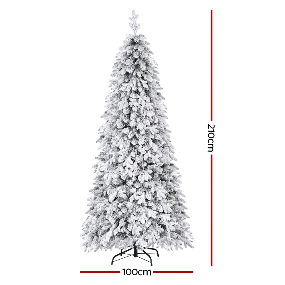 Snow Flocked Christmas Tree 7ft Pencil - 350 LED Lights 2.1m Slim White Jingle Jollys