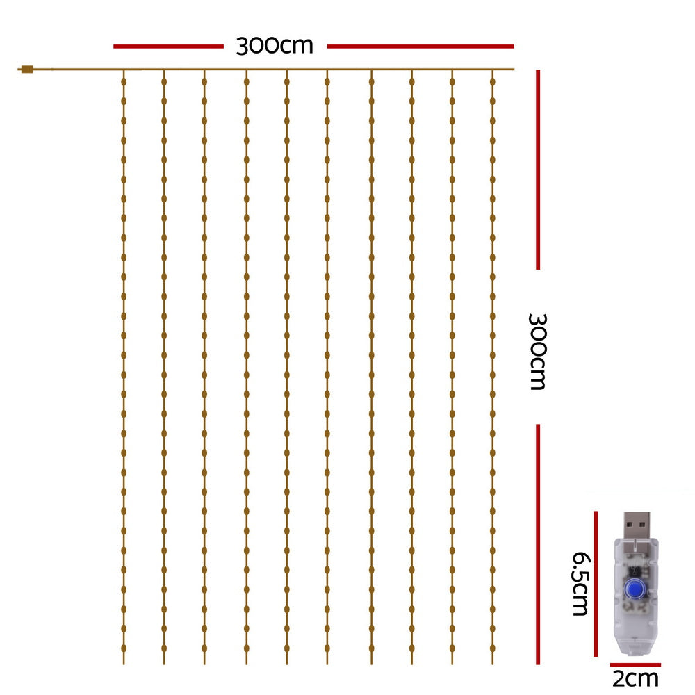 Christmas Curtain Lights 3x3M 300 LED Warm White - Backdrop String Lights Jingle Jollys