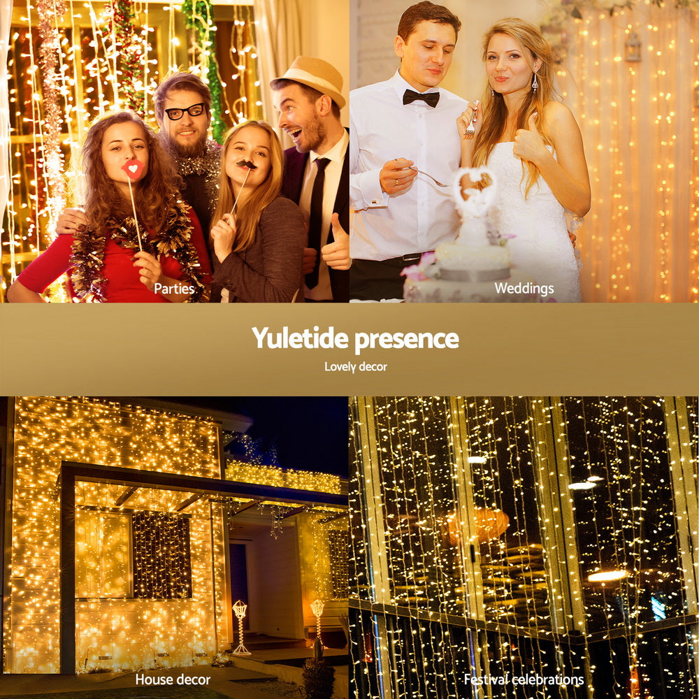 Christmas Curtain Lights 3x3M 300 LED Warm White - Backdrop String Lights Jingle Jollys