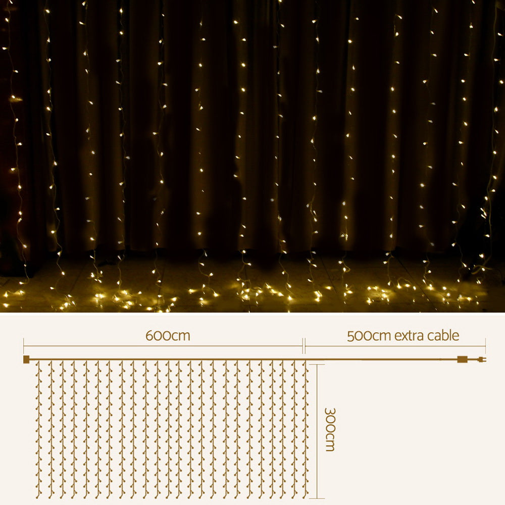 Christmas Curtain Lights 3x6M 600 LED Warm White - Backdrop Fairy Lights Jingle Jollys